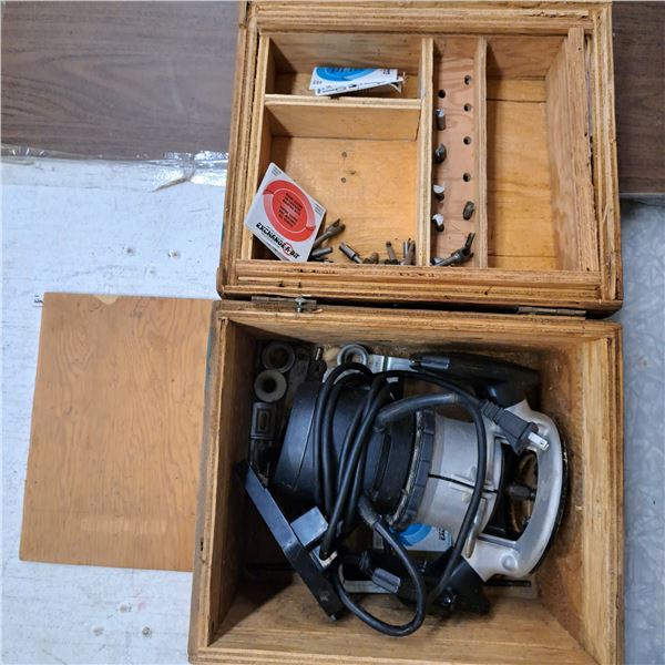 Router tool with bits in a wood box