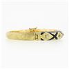 Image 4 : Vintage 14k Gold .18 ctw Diamond Black Enamel Engraved Hinged Open Bangle Bracel