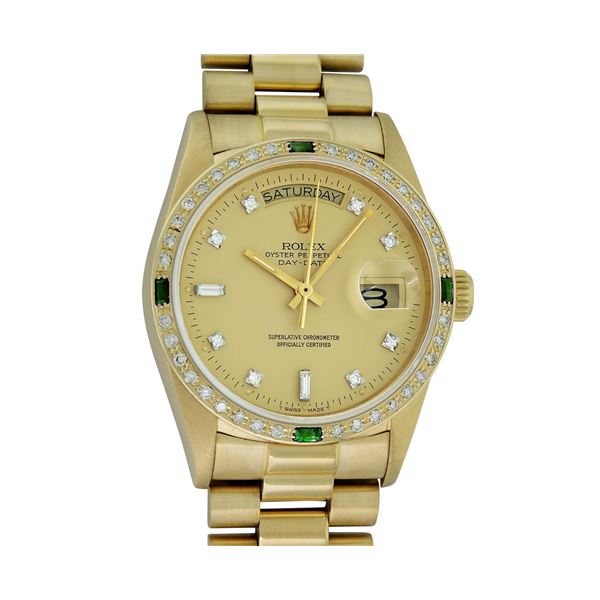 Rolex Mens Quickset 18K Yellow Gold Factory Champagne Diamond Dial Emerald Bezel