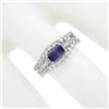 Image 3 : 14k White Gold 0.77 ctw Amethyst Solitaire & Diamond Wavy Insert Band Ring Set