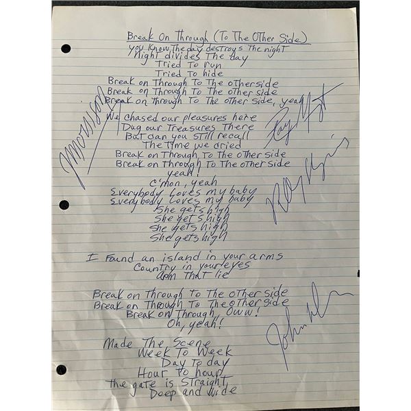 The Doors Band Signed handwritten Lyrics