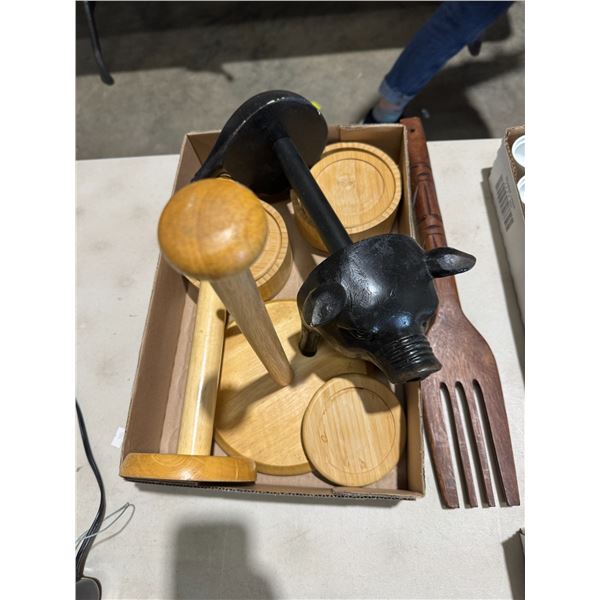 Wood, kitchen items, coasters, paper, towel holders, etc.