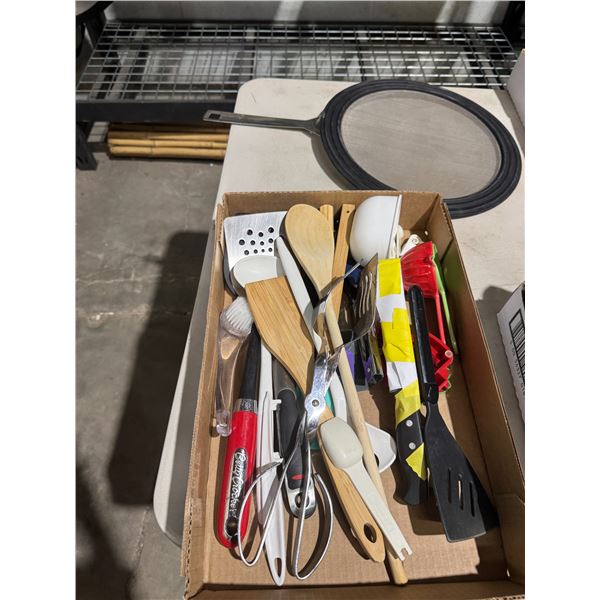 Kitchen, utensils, and splatter guard