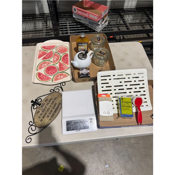 Kitchen items, 10 infuser, honey, mustard, cleaners, trays, etc. scale