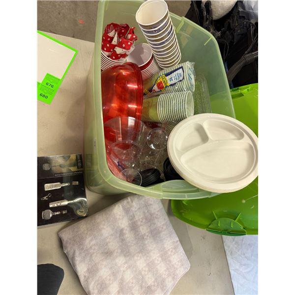 Picnic items and disposable dishes and tablecloths