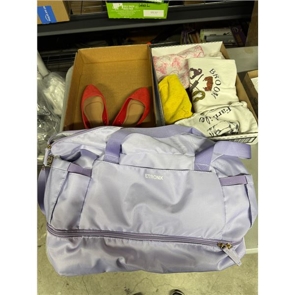 Bag, shoes, and towels
