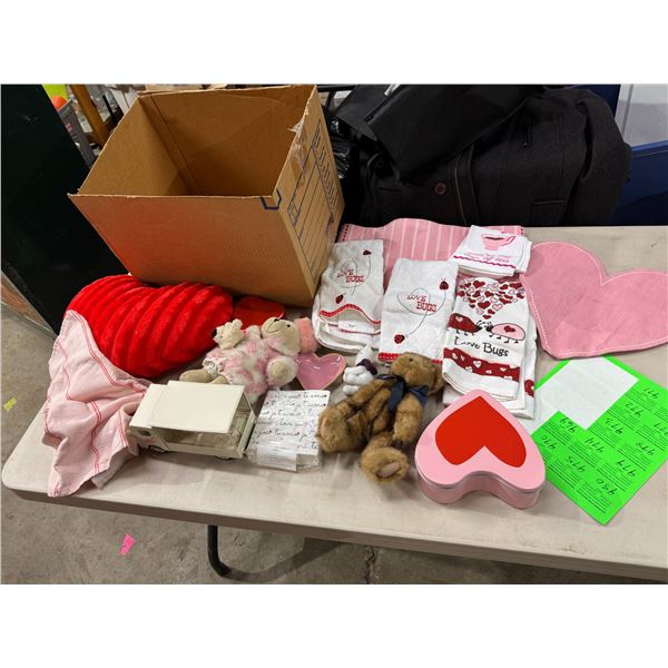Tea towels, table, runner, napkins, Cupid's delivery, truck, and other items