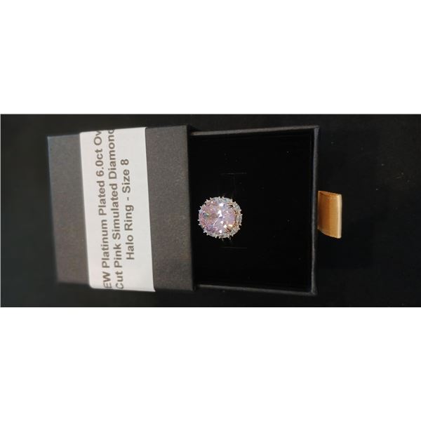 Platinum plated 6.0ct oval cut pink hal ring- size 8