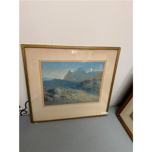 Landscape with deer pastel on paper unsigned 22.5 x 21" with frame frame has condition issues