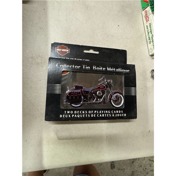 Harley Davidson, two decks of playing cards in tin