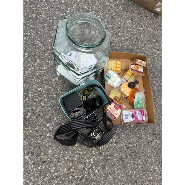 Scent  melts, belts and bracelets, glass jar, etc.