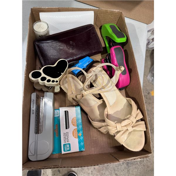 Office supplies, wallets, and shoes