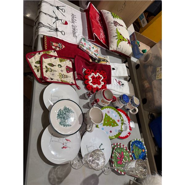 Christmas plates, cream and sugar, salt, and pepper and home