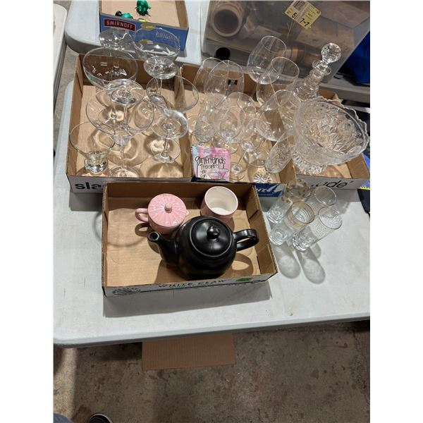 Crystal glasses, decanter, coasters, teapot, cream, sugar, etc.