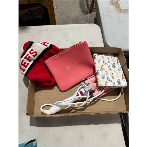 Triple barrel, curling, iron notebook, and make up bag and hat