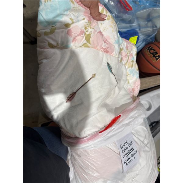 Girls crib, set with mattress, protector, sheet blanket, and skirt