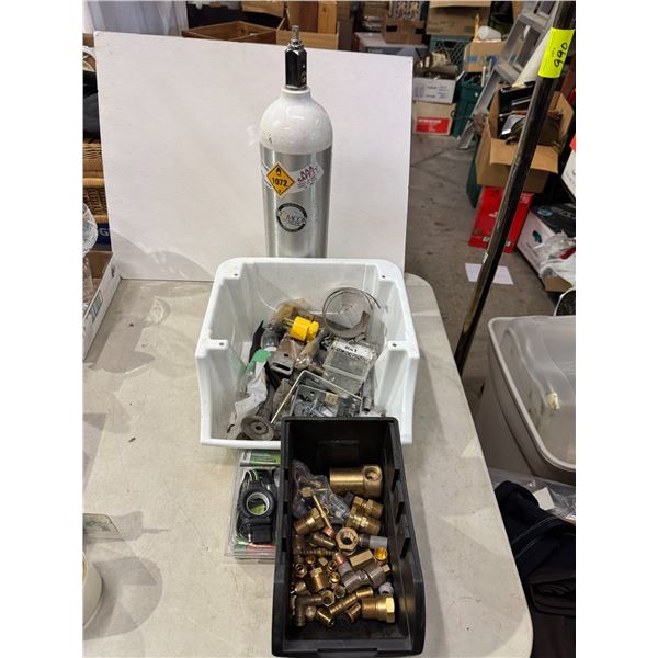 Garage items, grass, fittings, connector tank, etc.