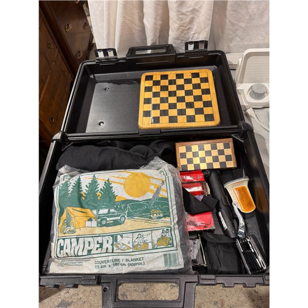 Camp, blanket, bike, parts, game boards, etc.