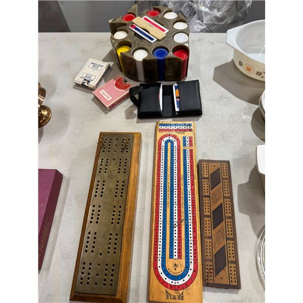 Crib boards, cards, poker chips, and holder