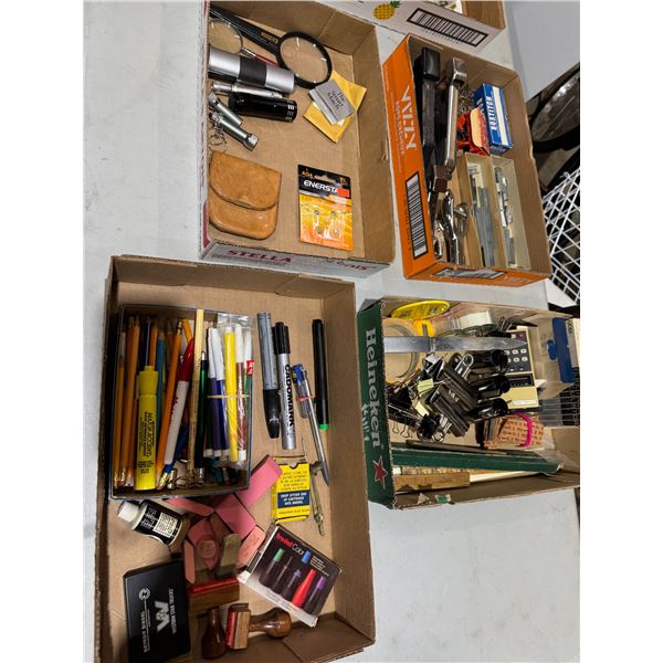 Office supplies, magnifying, glass, flashlights, stapler, et