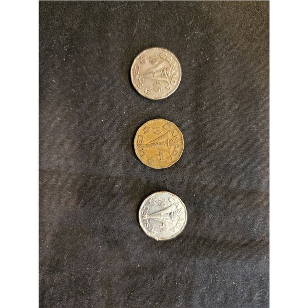1943, 1944 & 1945 Canadian 5 cent coins