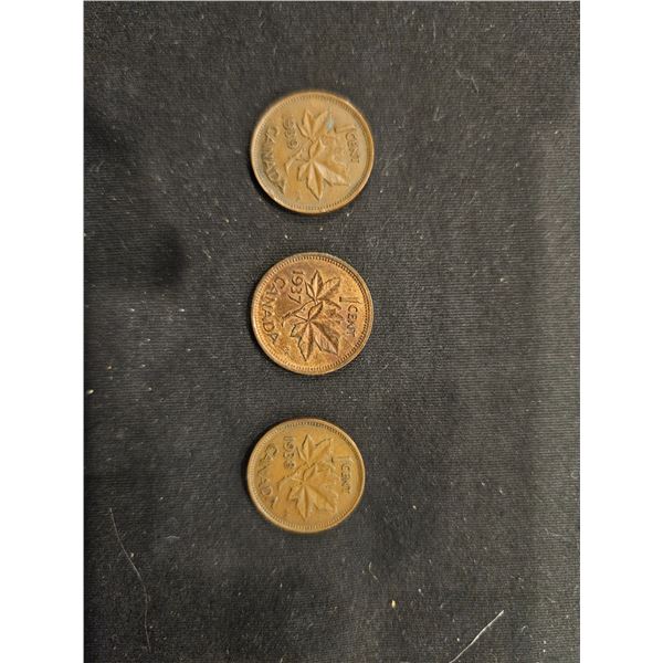 1937, 1938 & 1939 Canadian pennies
