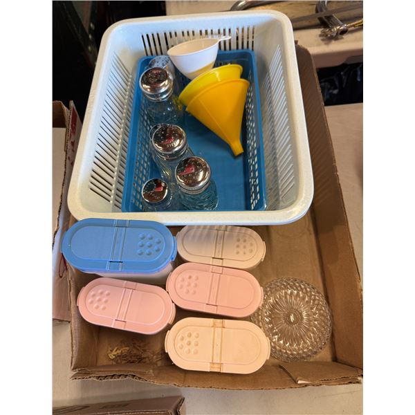 Tupperware spice containers and salt and pepper, shakers basket, funnels, etc.
