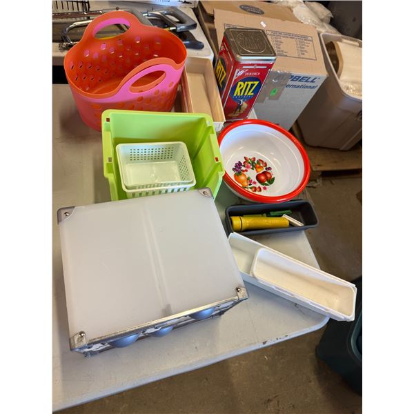 Storage container, baskets, Ritz tin,  bowls