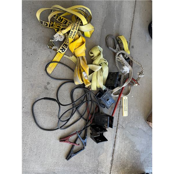 Straps, sawhorse, brackets, thermometer, booster cables