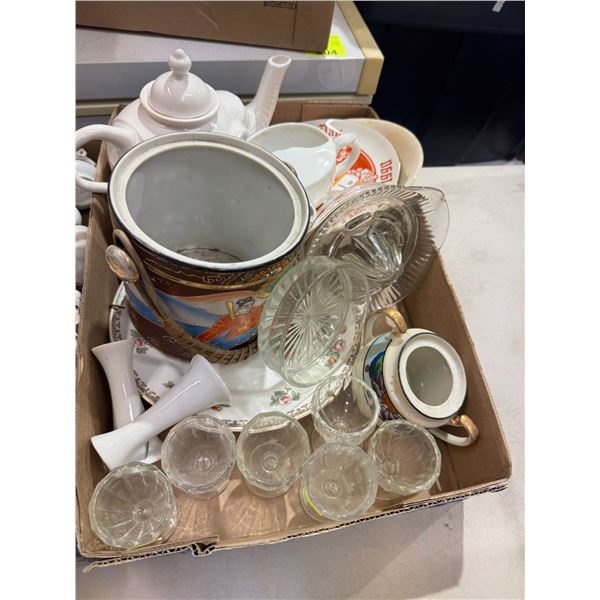 Glass juicer, vintage egg, cups, and other dishes