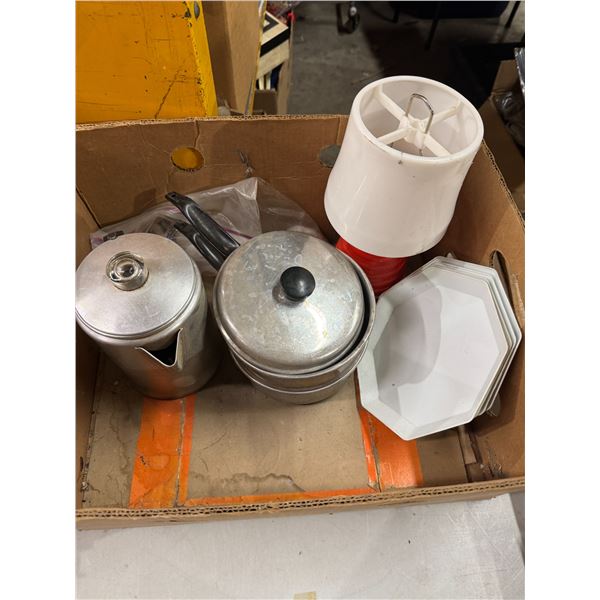 Coffee percolator, pots lantern, and
