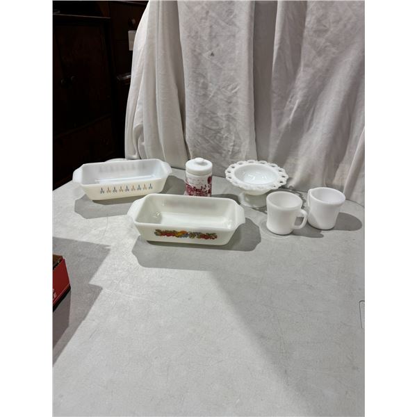Milk, glass collectibles, and bakeware