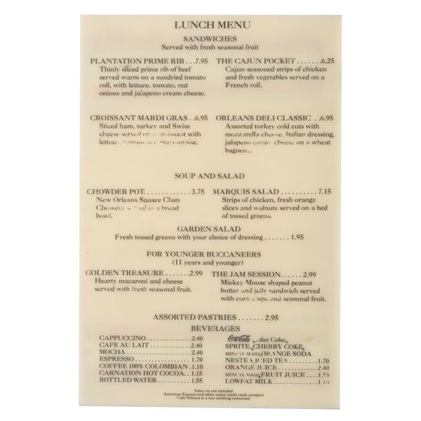 A Cafe Orleans Lunch Menu Display Sign.