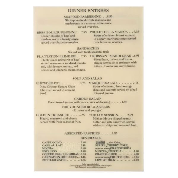 A Cafe Orleans Dinner Menu Display Sign.