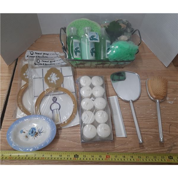 Lot of Bath Items. (It includes Mirror, Comb, Candles, Towel Ring, etc.)