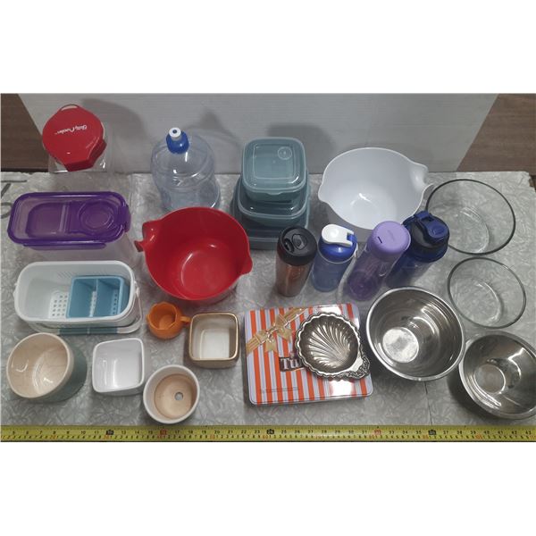 Lot of Plastic Containers, Water Bottles, Glass Bowls, Streel Bowl, Tin, etc.