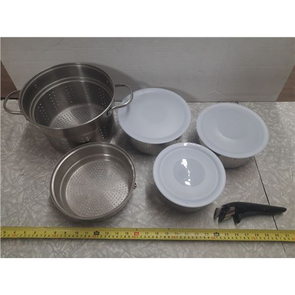 Stainless Steel Cooking Pot with a Strainer Basket and 3 T-fal Stainless Steel Cookware Set with Han