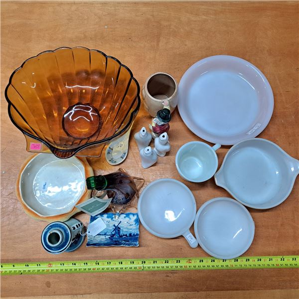 Misc decorative items, glass bowl, pyrex dishes, deflt blue, and glass bird feeder
