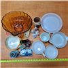 Image 1 : Misc decorative items, glass bowl, pyrex dishes, deflt blue, and glass bird feeder
