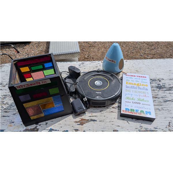 Misc. Lot (Stain glass outdoor Lamp Decor, iRobot Roomba (Not tested, w/accessories) and etc.)