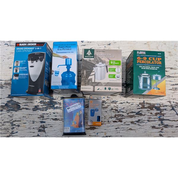 Box full of kitchen items (Camping Kettles, Water Pump, and etc.)