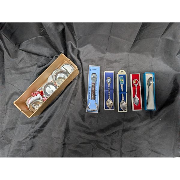 (4) Décor special spoons (1) Special Bottle Opener w/ Collectin of Variety of Pins