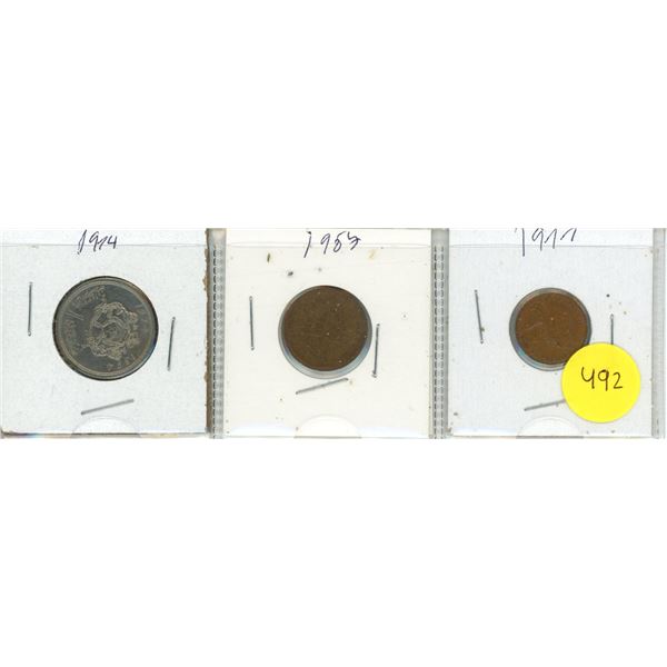 1985 Canadian 1 Cent Coin/1974 Moroccan 1 Dirham Coin/1977 Australian 1 cent coin
