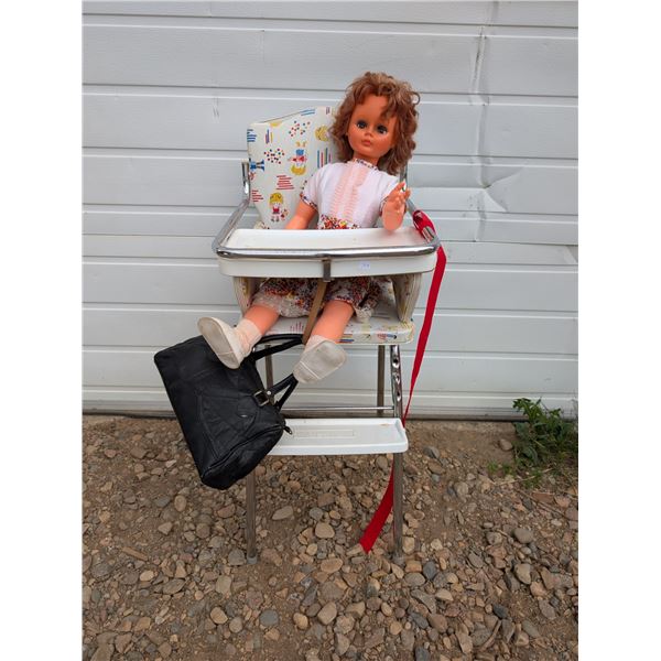 Vintage Doll, High Chair, and Clothes