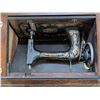 Image 12 : RARE Improved Seamstress Sewing Machine and Cabinet Cones w/ Antique Tin full of Extra Attachments (