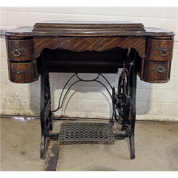 RARE Improved Seamstress Sewing Machine and Cabinet Cones w/ Antique Tin full of Extra Attachments (