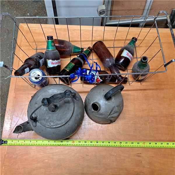 vintage beer bottles and tea pots