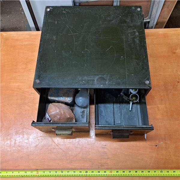 2 drawer metal storage with misc parts- 19" by 14" by 6"H