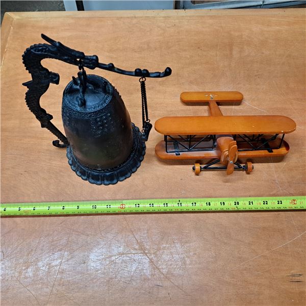 Dragon temple bell- 10"H and small wood biplane model- 8"L