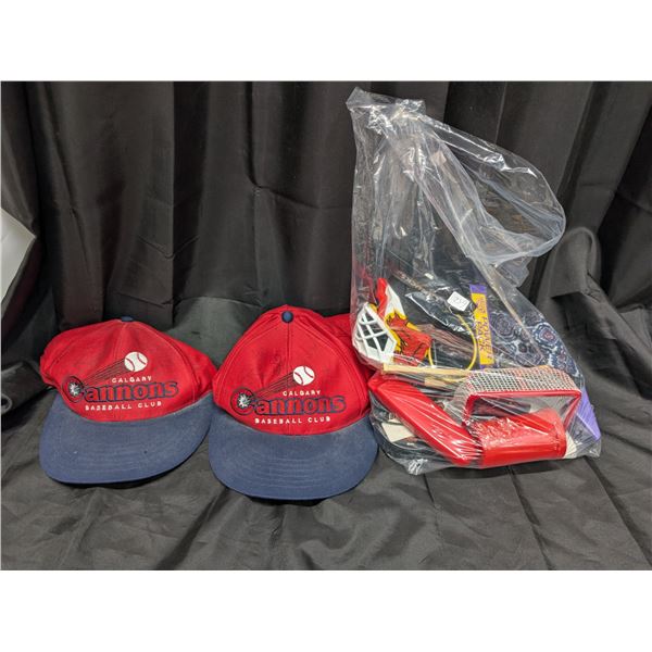 1980s Autographed Calgary's Cannons Hats + Bag of Misc. Collectables